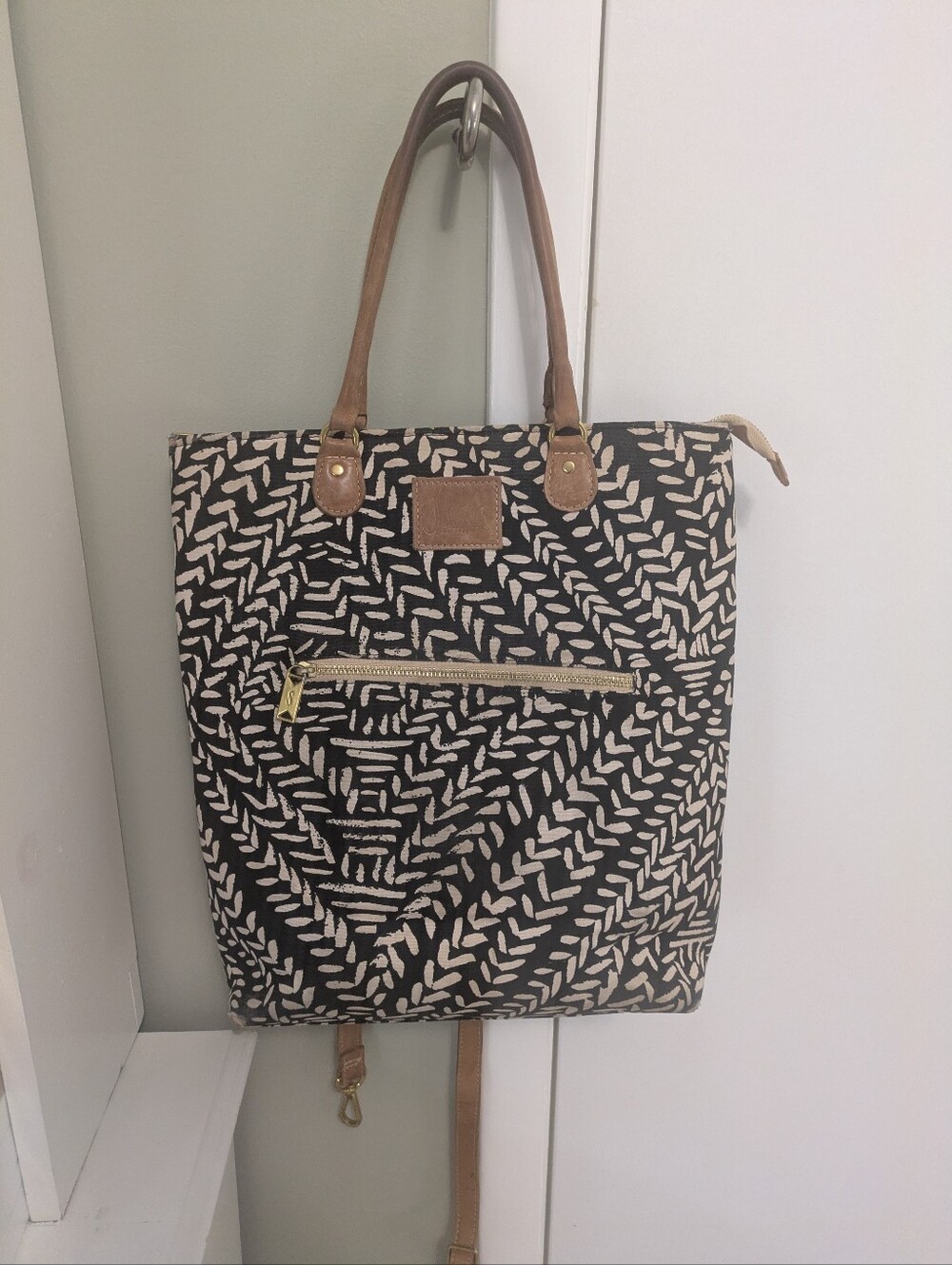 Noonday Black & Cream Patterned Tote Bag with Brown Leather Handles